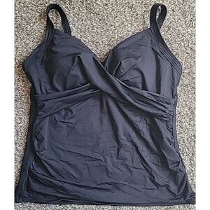 Swim Top 16 Black Solid Wrap Front Slimming (L)  Adjustable Lands End Beach S93